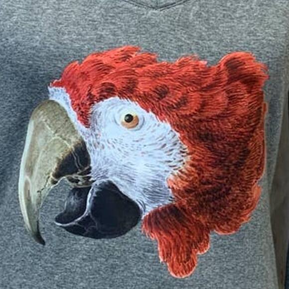 Upcycled Hand Printed Womens Medium Red Macaw Parrot Ukraine Fundraiser Bird Tee - Picture 2 of 4